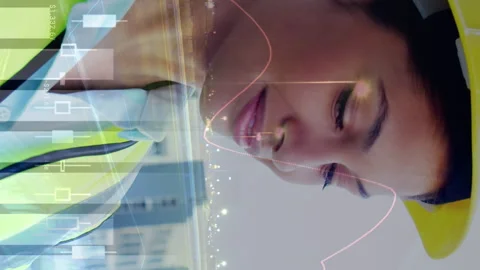 Animation of statistical data processing over female architect against night Stock Footage 312422341
