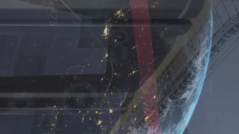 Animation of statistical data processing over globe against computer server room 動画素材 312696024