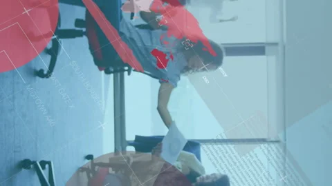 Animation of statistical data processing over diverse woman passing a document 库存影片 313166442