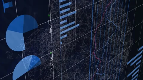 Animation of statistical data processing over spinning human brain against blue Stock Footage 313445044