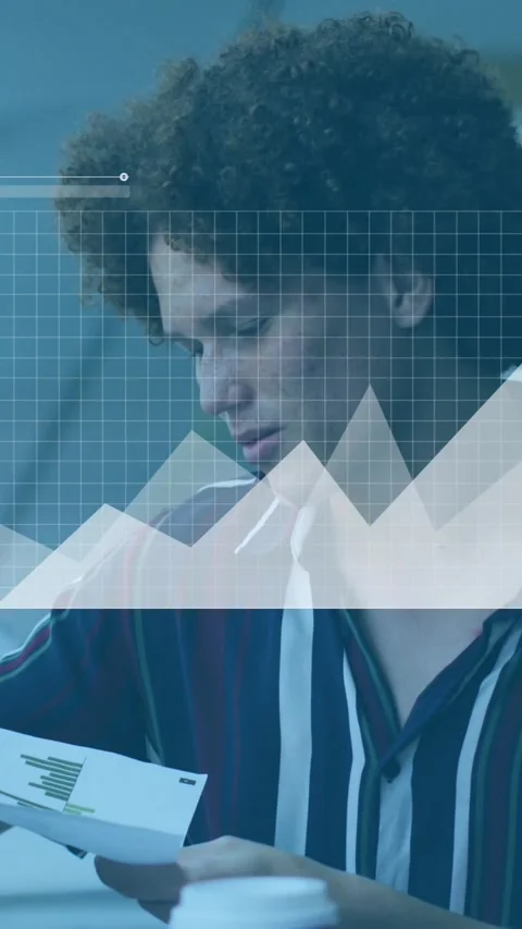 Animation of statistical data processing over two diverse man discussing over a Stock Footage 320854533
