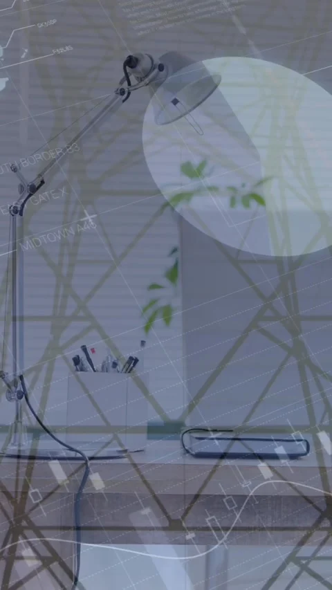Animation of statistical data processing over office table against network Stock Footage 321038930