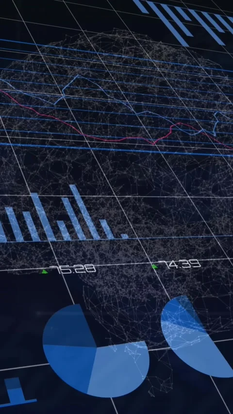 Animation of statistical data processing over spinning human brain against blue Stock Footage 322891417