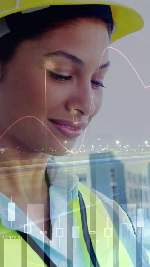 Animation of statistical data processing over female architect against night Stock Footage 322954166