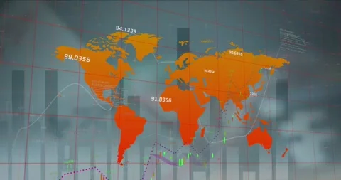 Animation of statistical data processing over world map against poker chips ad Stock Footage 325774362