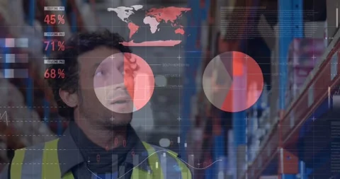 Animation of statistical data processing over caucasian male worker checking Stock Footage 326098946