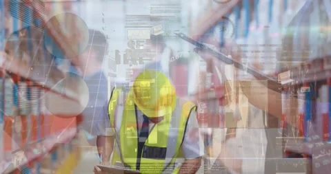 Animation of statistical data processing over caucasian male supervisor checking Stock Footage 326302840