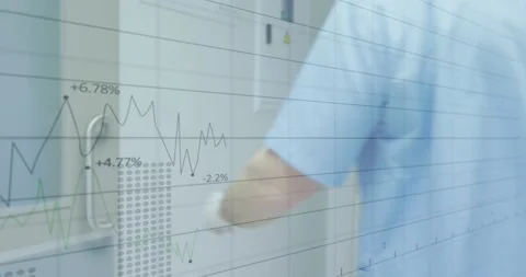 Animation of statistical data processing over mid section of male surgeon Stock Footage 327446821