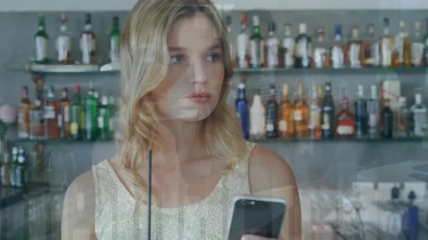 Animation of statistical data processing over caucasian woman using smartphone Видео 327447436