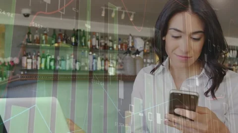 Animation of statistical data processing over woman using smartphone at a bar Stock Footage 327525716