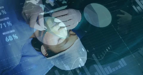 Animation of statistical data processing over mid section of surgeon placing Stock Footage 327592171