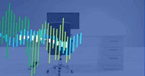 Animation of statistical data processing over 3d office desk model against blue Stock Footage 327641792
