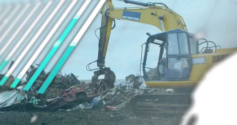 Animation of statistical data processing over crane operating at junkyard Video stock 328014232