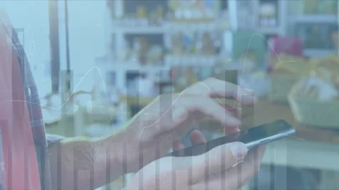 Animation of statistical data processing over mid section of a man using Stock Footage 328096413
