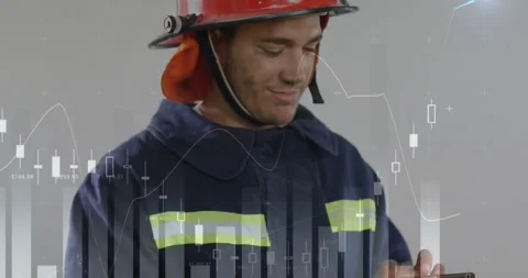 Animation of statistical data processing over caucasian fireman using digital Stock Footage 328298630