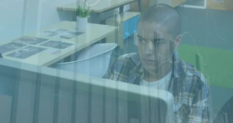 Animation of statistical data processing over man using computer at office Stock Footage 328414858