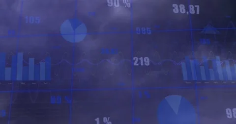 Animation of statistical data processing over grid network against grey Stock Footage 328457214