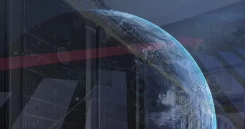 Animation of statistical data processing over globe against computer server room Stock Footage 328462494