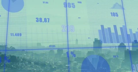 Animation of statistical data processing over grid network against aerial view Stock Footage 328466626