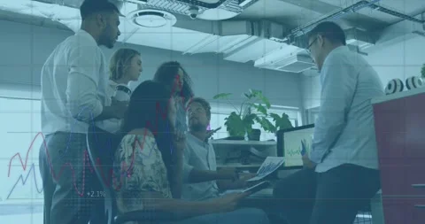 Animation of statistical data processing over diverse colleagues discussing over Stock Footage 328648830