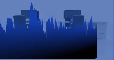 Animation of statistical data processing over 3d office desks model against blue Stock Footage 328709691