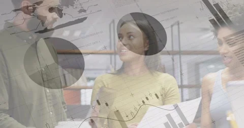 Animation of statistical data processing over diverse colleagues discussing over Stock Footage 329028100