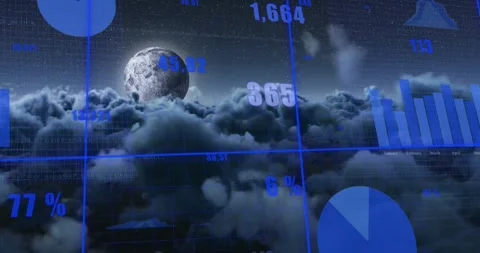 Animation of statistical data processing over grid network against dark clouds Stock Footage 329169478