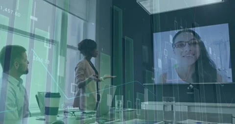 Animation of statistical data processing over colleagues having a video Stock Footage 329289216
