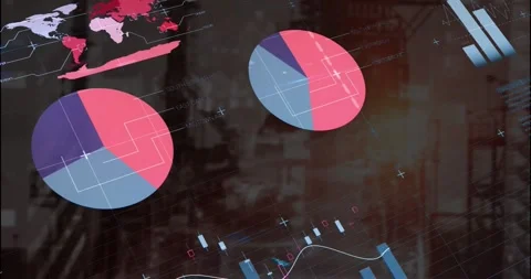 Animation of statistical data processing over grid network against construction Stock Footage 329292575