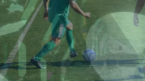Animation of statistical data processing over team of diverse male soccer Stock Footage 329310429