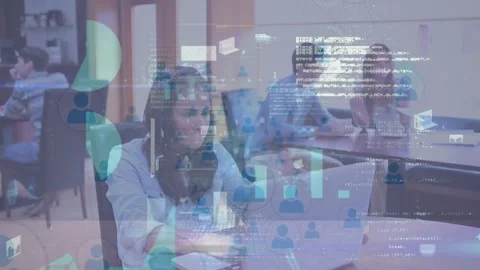 Animation of statistical data processing over woman drinking coffee and using Stock Footage 329511267