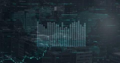 Animation of statistical data processing over world map against aerial view of Stock Footage 329693354