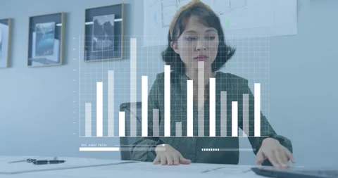 Animation of statistical data processing over asian woman with documents using Stock Footage 329693818