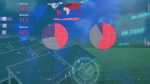 Animation of statistical data processing over world map against solar panels on Stock Footage 329710464
