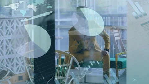 Animation of statistical data processing over african american man talking on Video stock 329968346