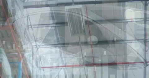 Animation of statistical data processing over warehouse against a person sitting Stock Footage 330051627