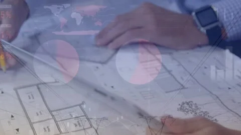 Animation of statistical data processing over mid section of engineers Stock Footage 330052377