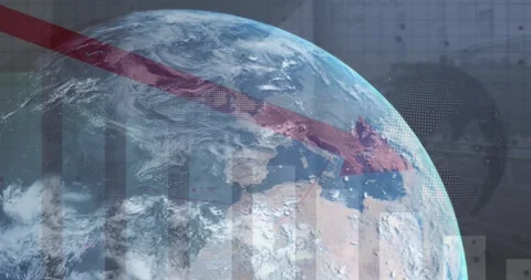Animation of statistical data processing over globe and world map against street Stock Footage 330113944