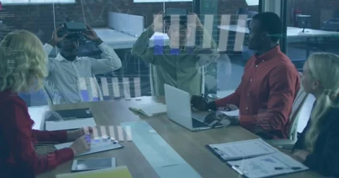 Animation of statistical data processing over two diverse men testing vr Stock Footage 330115633