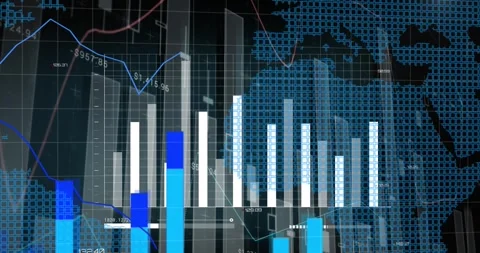 Animation of statistical data processing over world map against black background Stock Footage 330254749