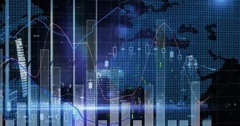 Animation of statistical data processing over world map against cityscape at Stock Footage 330583877