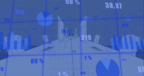 Animation of statistical data processing over grid network against 3d office Stock Footage 330584120