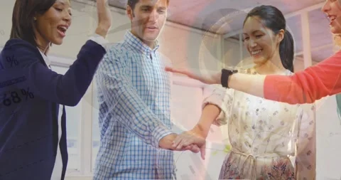 Animation of statistical data processing over diverse colleagues stacking hands Stock Footage 330657790