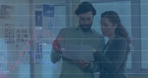 Animation of statistical data processing over caucasian man and woman discussing Stock Footage 330725126