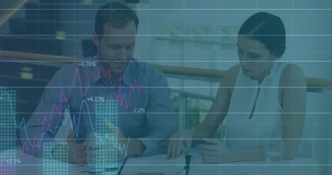 Animation of statistical data processing over caucasian man and woman discussing Stock Footage 330771671