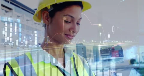 Animation of statistical data processing over female architect against night Stock Footage 330775516