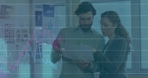 Animation of statistical data processing over caucasian man and woman discussing Stock Footage 330776358