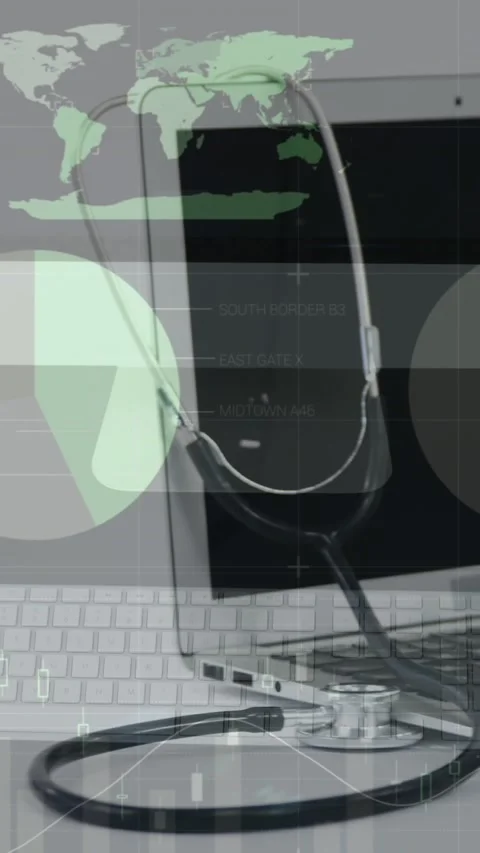 Animation of statistical data processing over stethoscope over a laptop against Stock Footage 342805872