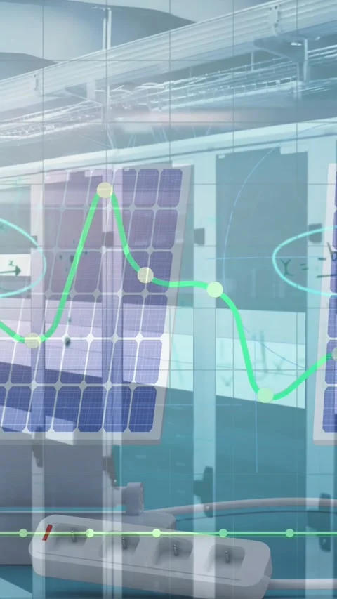 Animation of statistical data processing over solar panel against computer Stock Footage 343128695
