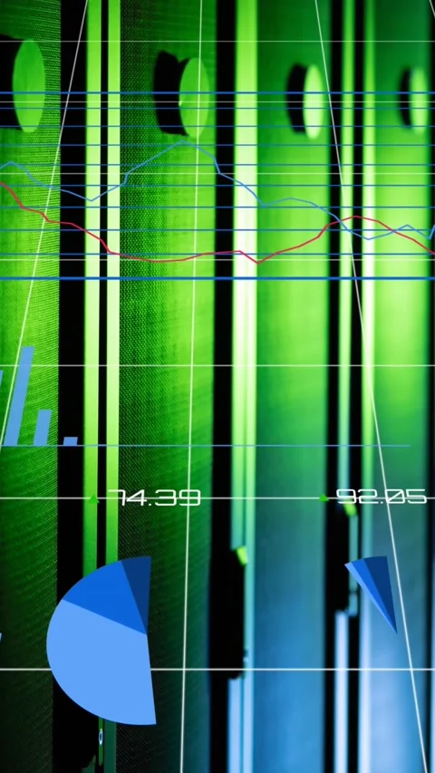 Animation of statistical data processing over grid network against computer Stock Footage 343739396